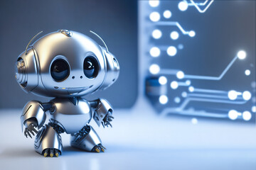 青い背景に、人型のかわいいロボット。子供向けロボット工学イメージ。生成AI - Powered by Adobe