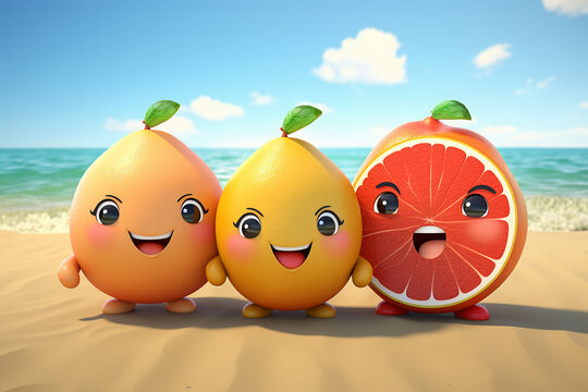 Generative AI Image of Cute Fruits Cartoon Character with Happy Expression Holiday on the Beach