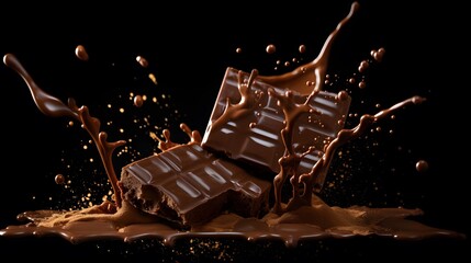 a chocolate bar with chocolate splashing out of it on a black background. a chocolate bar with...