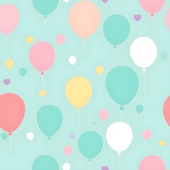 Seamless pattern with pastel colour balloons, confetti, and party hats for a festive and celebratory theme