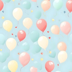 Seamless pattern with pastel colour balloons, confetti, and party hats for a festive and celebratory theme