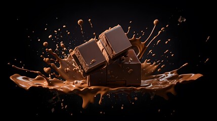 a chocolate bar with chocolate splashing out of it on a black background. a chocolate bar with chocolate splashing out of it on a black background. 