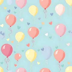 Seamless pattern with pastel colour balloons, confetti, and party hats for a festive and celebratory theme