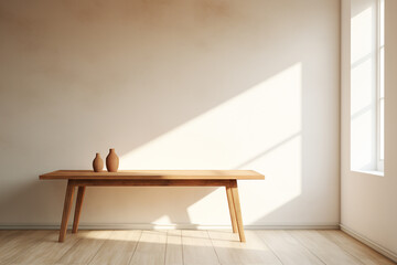 Minimalistic modern wooden table in living room with nature light.