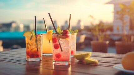 Blurred background of multicolored drinks and minimal food - Happy hour concept with fancy cocktails and tasty appetizers served at rooftop lounge prive - Warm vintage filter on shallow depth of field