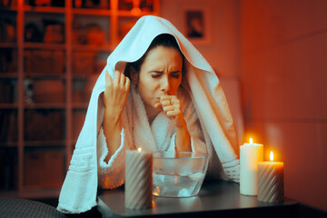 Sick Woman Trying Natural Inhaling Method for Coughing Flu Symptoms. Adult person doing steam...