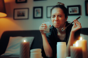 Woman Drinks Unpleasant a Tasting Collagen Powder Water Mix. Funny lady dislikes a skincare...