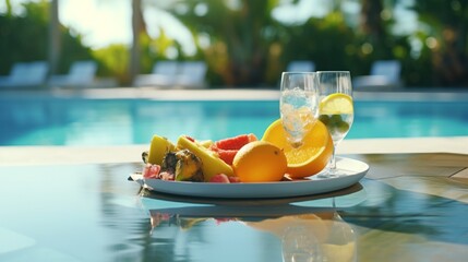 Breakfast in swimming pool, floating breakfast in luxurious tropical resort. Table relaxing on calm...