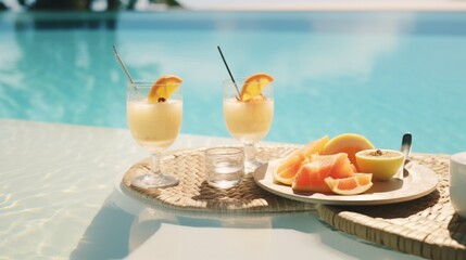 Breakfast in swimming pool, floating breakfast in luxurious tropical resort. Table relaxing on calm pool water, healthy breakfast and fruit plate by resort pool. Tropical couple beach luxury lifestyle - obrazy, fototapety, plakaty