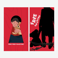 children sad doll scared free palestine design poster social media story in flat illustration - obrazy, fototapety, plakaty