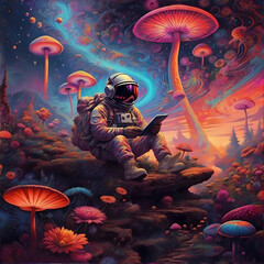 The Astronaut's Longing fantastic wonderlands , Lonely Astronaut in the Mushroom Forest - obrazy, fototapety, plakaty