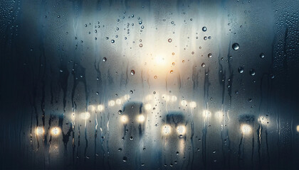 Raindrops Covered Blurred Glass with Blurred Night Highway and Moving Cars View