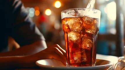 Deurstickers Double cool ice soft drink cola carbonated liquid fresh food with soda water, white dish on wooden table with handsome man sitting brown sofa in pizzeria restaurant. © kashif 2158
