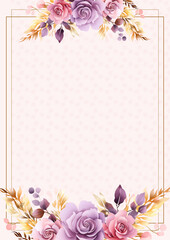 Pink white and purple violet watercolor hand painted background template for Invitation with flora and flower