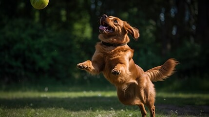 A Retriever breed dog jumping and opening its mouth to catch a ball in the air. Background is green garden.  - obrazy, fototapety, plakaty
