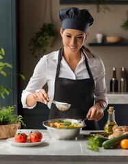 Beautiful female chef cooking  in the kitchen, Portrait of smiling female chef working in a commercial kitchen, International Chefs