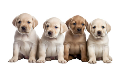 Front view, four adorable Labrador Retriever puppies sitting isolated on transparent background.
