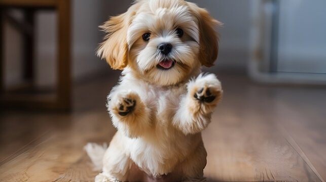 A little Maltipoo lifts its two front paws, happily facing the camera.