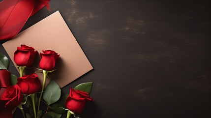 Paper card center of image, pink rose and red rose bunch on the left, all of them on black background, clean lighting, top view, valentine's day concept.