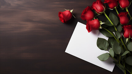 Paper card center of image, pink rose and red rose bunch on the left, all of them on black background, clean lighting, top view, valentine's day concept.