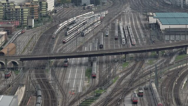 day time zurich city train station traffic railways aerial panorama 4k switzerland
