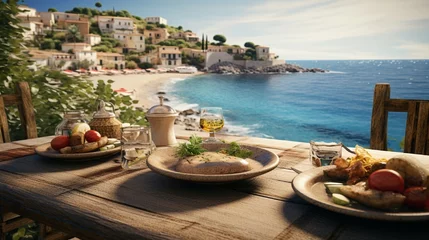 Tuinposter Table in the restaurant with mediteranina food near the sea © kashif 2158