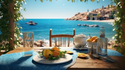 Table in the restaurant with mediteranina food near the sea - obrazy, fototapety, plakaty