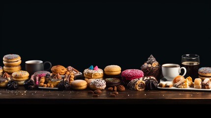 Table with various cookies, donuts, cakes and coffe cups on dark backround. Panorama, banner