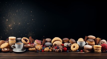 Table with various cookies, donuts, cakes and coffe cups on dark backround. Panorama, banner