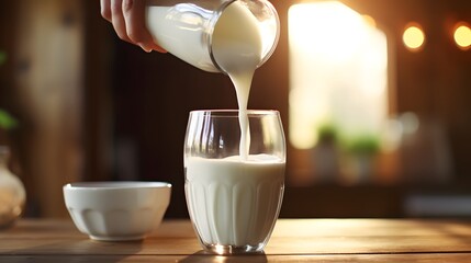 Pouring milk from bottle into glass at wooden table, closeup - Powered by Adobe