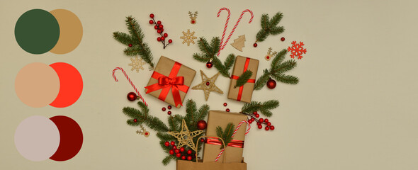 Christmas gifts and decorations on beige background. Different color patterns