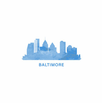 Baltimore US watercolor cityscape skyline city panorama vector flat modern logo icon. USA, Maryland state of America emblem with landmarks and building silhouettes. Isolated blue graphic