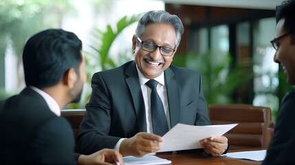 Happy senior Indian businessman investor bank client checking document at office team meeting with financial law experts attorneys team. generative AI 