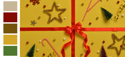 Christmas decorations on yellow background. Different color patterns