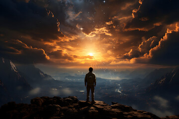 Obraz premium A man standing on the moon, moon over the mountains, silhouette of a person on the moon