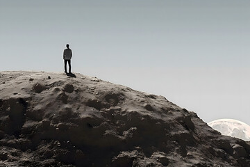 A man standing on the moon, moon over the mountains, silhouette of a person on the moon - obrazy, fototapety, plakaty