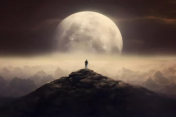 Afwasbaar Fotobehang Heelal A man standing on the moon, moon over the mountains, silhouette of a person on the moon