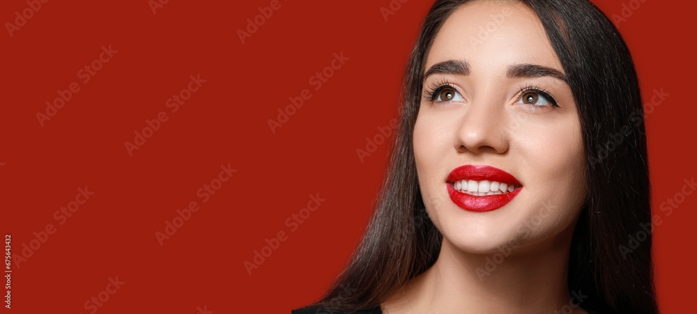 Sticker Beautiful young woman with bright lipstick on red background with space for text