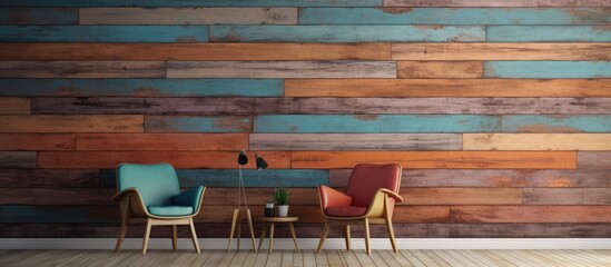 The retro wallpaper design features an abstract pattern with a natural wood texture adorned with a colorful and nostalgic background perfect for adding a touch of vintage charm to any room s