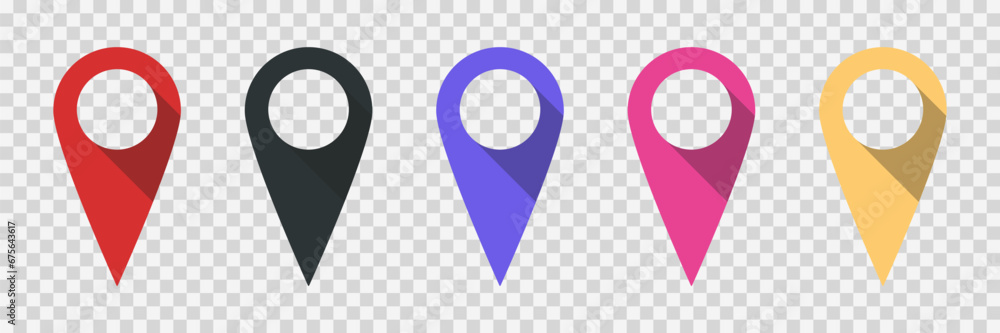Poster set of map pointers. location icon isolated in flat style on transparent background. colored geoloca