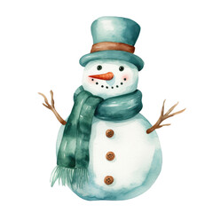 Watercolor snowman with hat and scarf isolated on white background. Hand drawn illustration. Generative Ai
