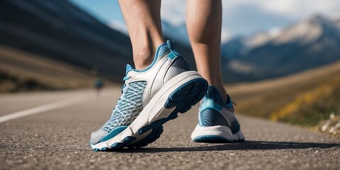 Close-up view of runner sports shoe sprint running on mountain, blurry background with copy space