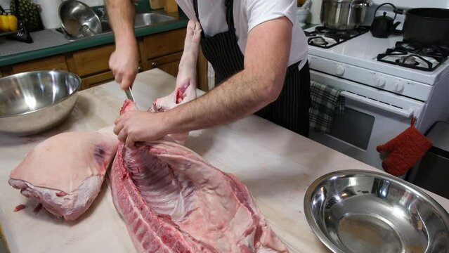 Amateur butcher or chef portioning hog sliced in half into smaller pieces, first cutting front leg.