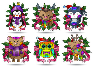 A set of stained glass illustrations on the theme of Christmas and New Year with cute toy animals