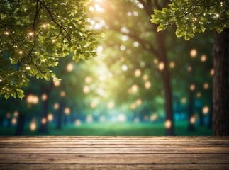 Wooden table top with tree branches and green leaves. Blurred landscape background and bokeh lights.