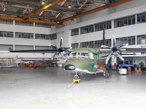 Bandung, Indonesia November 5, 2023: Aircraft display inside factory for assembling airplane.