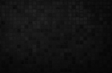 Dark black ceramic wall chequered and floor tiles mosaic background in bathroom. Design pattern geometric with grid wallpaper texture decoration pool. Simple seamless abstract surface grunge. - obrazy, fototapety, plakaty