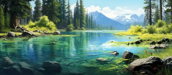 During the summer vacation people often travel to nature filled destinations with breathtaking landscapes where they can indulge in watercolor painting surrounded by lush green trees vibrant - obrazy, fototapety, plakaty