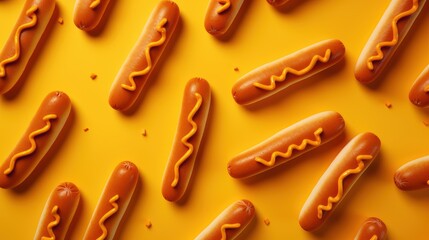 Hot Dogs on Yellow Background, Menu and Restaurant Advertising, Delicious Hot Dogs Sandwich with Sausage and Mustard