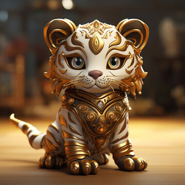 3D mock-up of tiger fighter cartoon character radiates with perfect lighting, featuring golden tones and themes. This powerful and beautiful character exudes aura of anger. Generative AI.